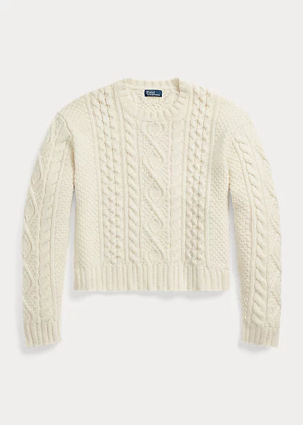 Suéter de gola redonda com mistura de lã em malha Aran